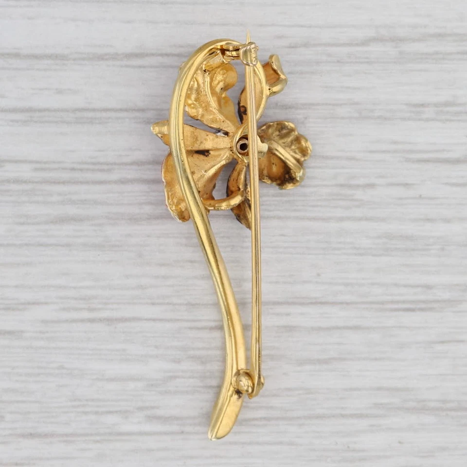 Broche de flor vintage de oro amarillo de 14 k con esmalte de diamantes de 0,10 quilates Foto 3 de 4