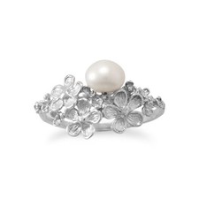 Rhodium Plated Sterling Silver Decorative Flower Cultured Freshwater Pearl Ring