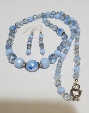VINTAGE 26" BABY BLUE GLASS BEAD NECKLACE W/2" PIERCED DANGLE EARRINGS SET