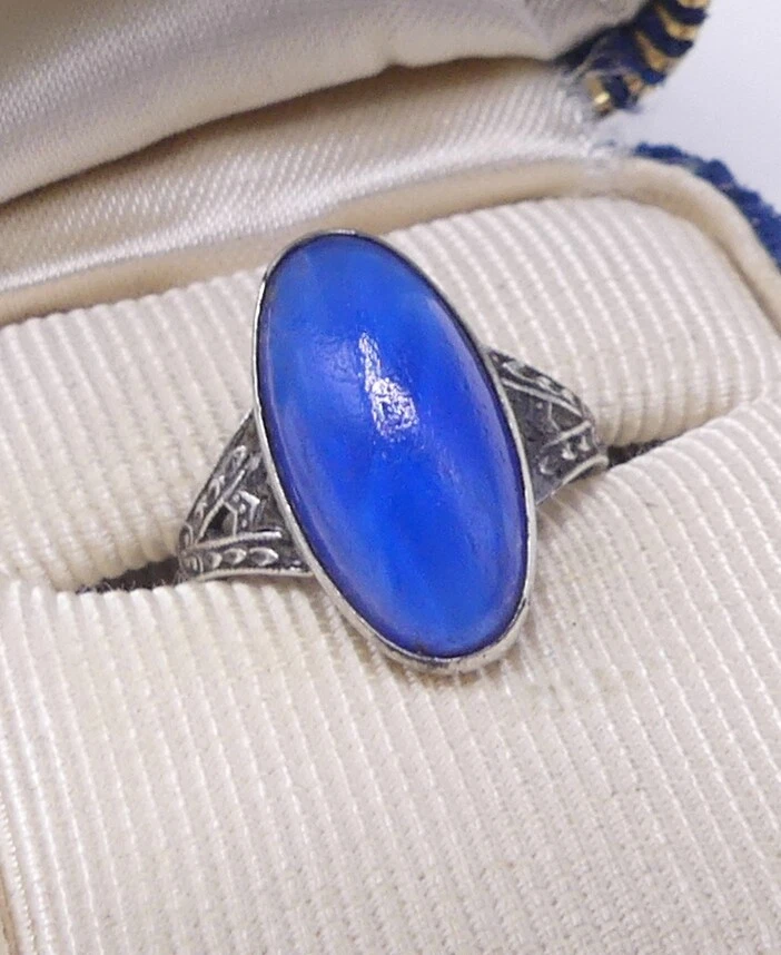 Antique marked U arrow sterling silver blue glass star cabochon