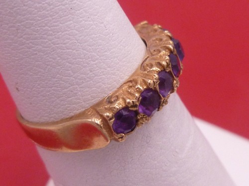 Ring Art Deco 14 KT Yellow Gold Amethyst Cocktail Wedding Ring Vintage - Picture 6 of 9