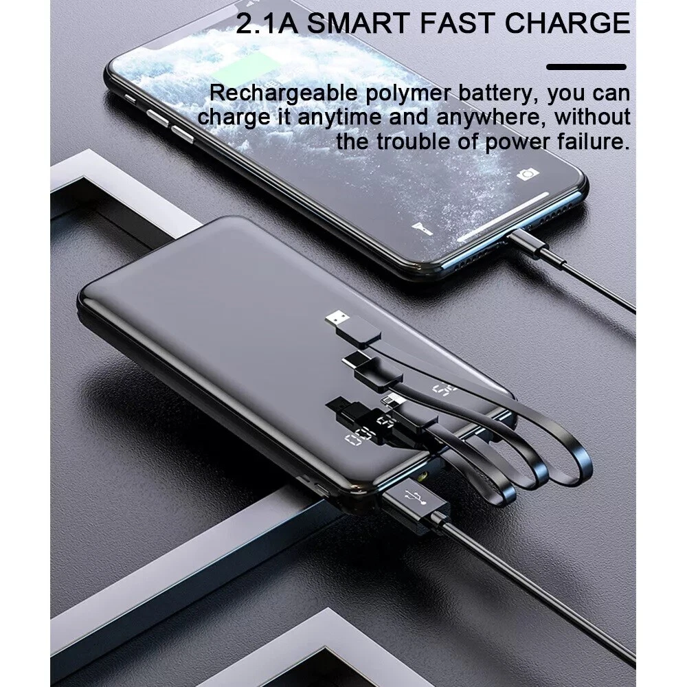 20000mAh Fast Charging Power Bank with 4 Cables Portable Battery Backup