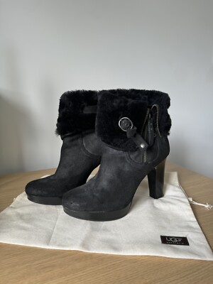 UGG Scarlett High Block Heeled Ankle Boots, Black Suede, UK Size RRP  £185 UK