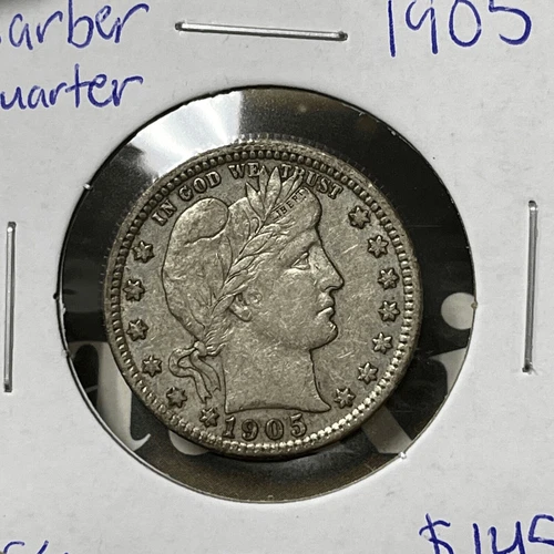 1905 Barber Silver Quarter XF+ US coin Collection