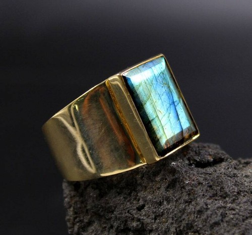 Solid 925 Sterling Silver Natural Blue Labradorite Gemstone Men's Unisex Ring - Picture 6 of 12