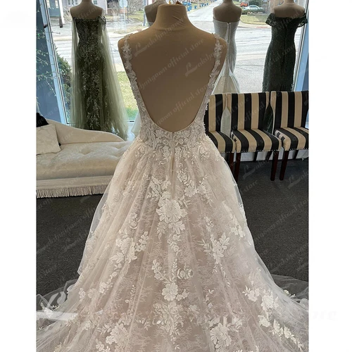 Bohemian Lace Appliques Wedding Dresses Backless A Line Straps Bridal Gowns - Picture 5 of 10