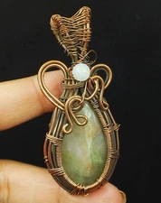 Copper Moss Agate Gemstone Copper Wire Wrapped Handmade Jewelry Pendant