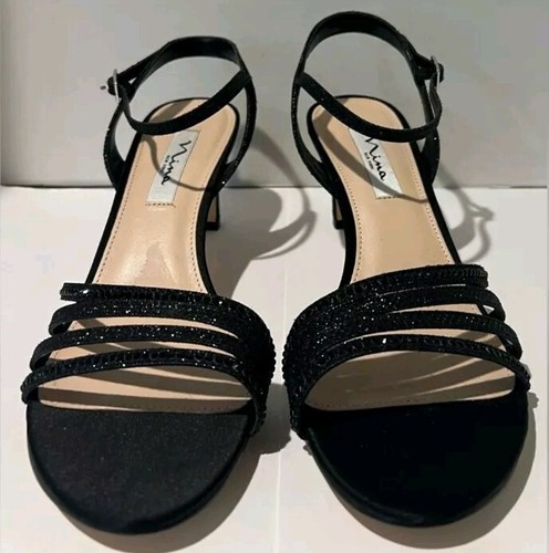 Nina NELENA Black Textured Metallic Crystal Embellished Low Heel Dress Shoes 9.5 - Picture 4 of 13