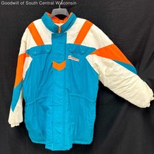 VINTAGE 90s Mens NFL SPIRIT Miami Dolphins Football Quilted Hooded Puffer Jacket