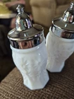 VINTAGE   App 4" white milk glass salt and pepper shakers.   embossed floral.