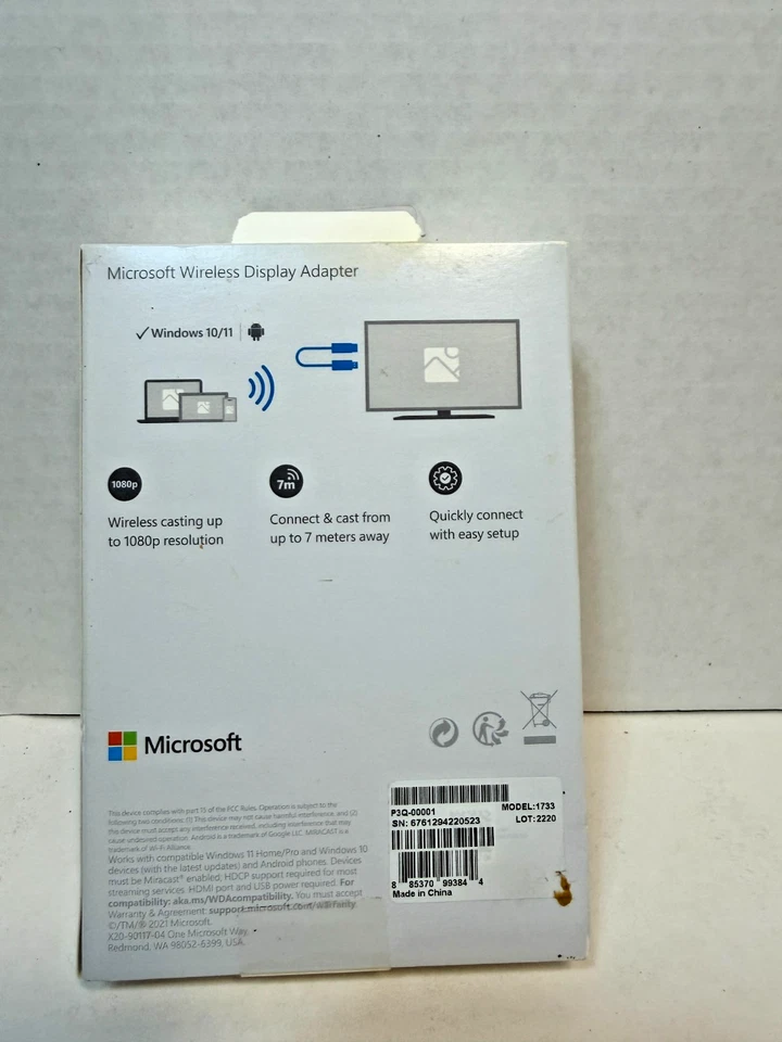 Adaptador de pantalla inalámbrico Microsoft modelo 1733 Miracast HDMI 1080p Cast win 10/11 Foto 2 de 2