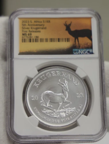 2023 S South Africa 1 Krugerrand Silver 5th Anniv. NGC MS69 First Releases