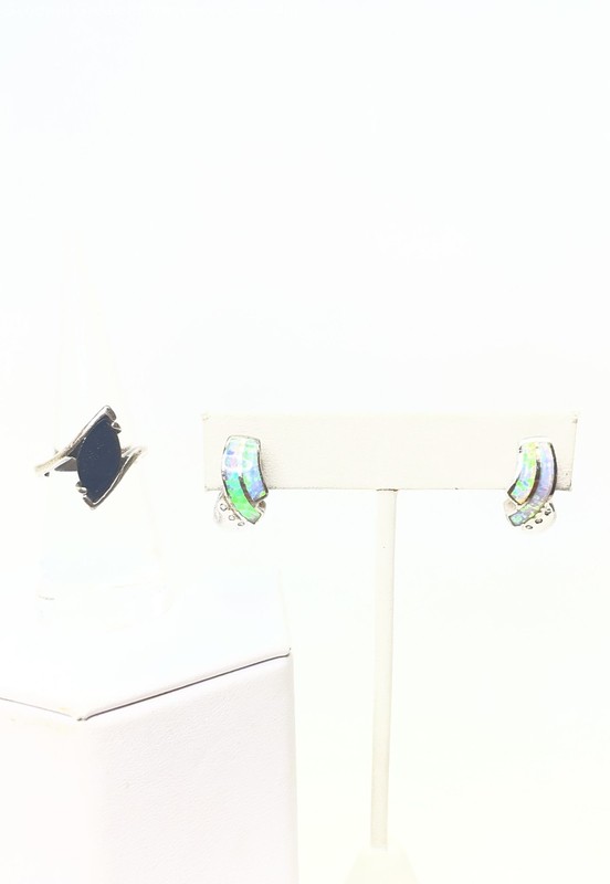 925 Onyx CZ & Faux Opal Earrings & Ring 10.3g