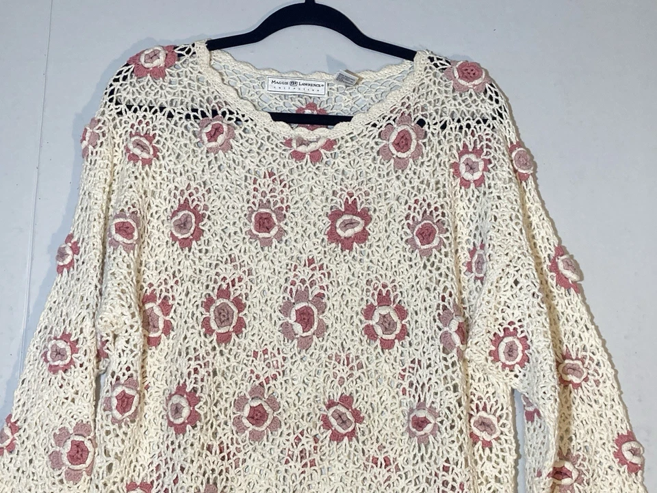 Винтажный Maggie Lawrence крючком туника свитер Sz S слоновой кости розовый 3D цветочный Cottagecore - Изображение 2 из 4