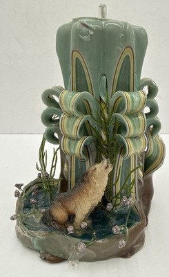 Vtg Hand Carved Ribbon Wax Pillar Candle Green Swirls Wolf