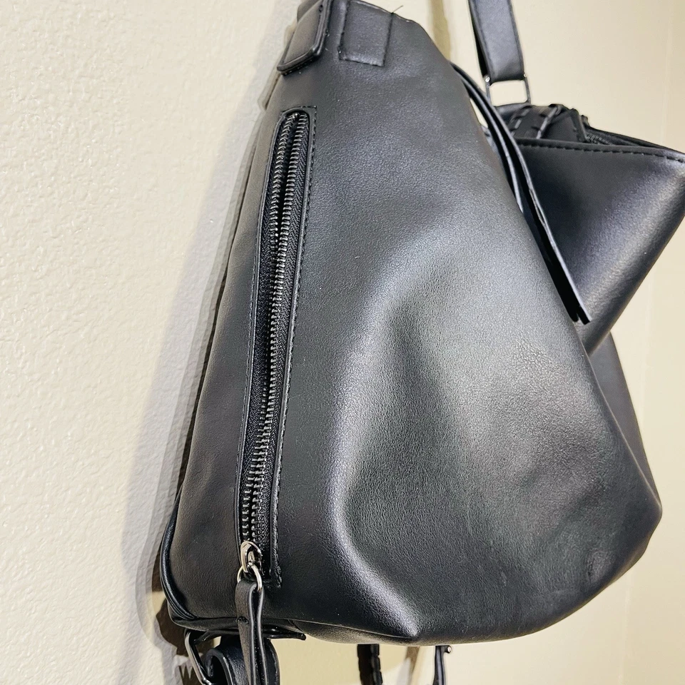 Kensie Mochila Cartera Bolso Semi Trenzado Correas Negro Grande Foto 3 de 4