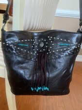 Studded Brown Leather Western Fringe Purse Handbag Turquoise Beads Cowgirl Rodeo