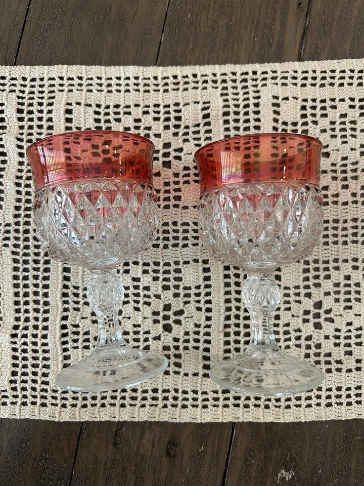 Indiana Glass Diamond Point Ruby Wine Glasses 5.25” Tall Set Of 2 - Image 4 of 4