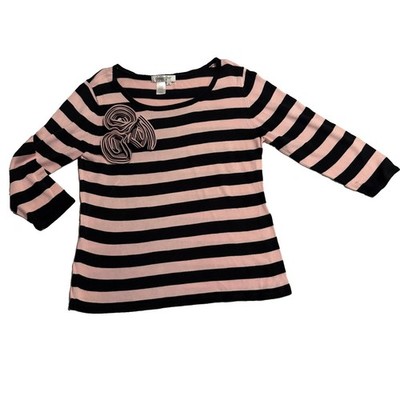 Coldwater Creek Pink & Black Striped Long Sleeve Knit Top Rosette Accent Large
