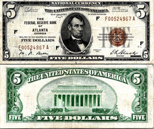 1929 $5 NATIONAL ATLANTA VF-CVF Rare* Only 136 in census Fr. 1850-F