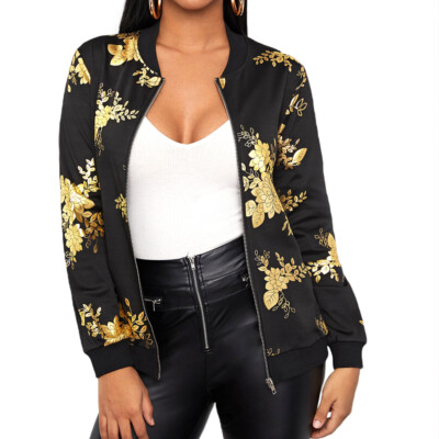 Womens Long Sleeve Gold Flower Print Zip Up Baseball Jacket Coat Outwear