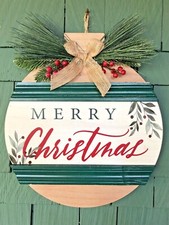 Round Merry Christmas Wood Wall Sign Ornament 12 x 13.5" Cabin Farmhouse Country