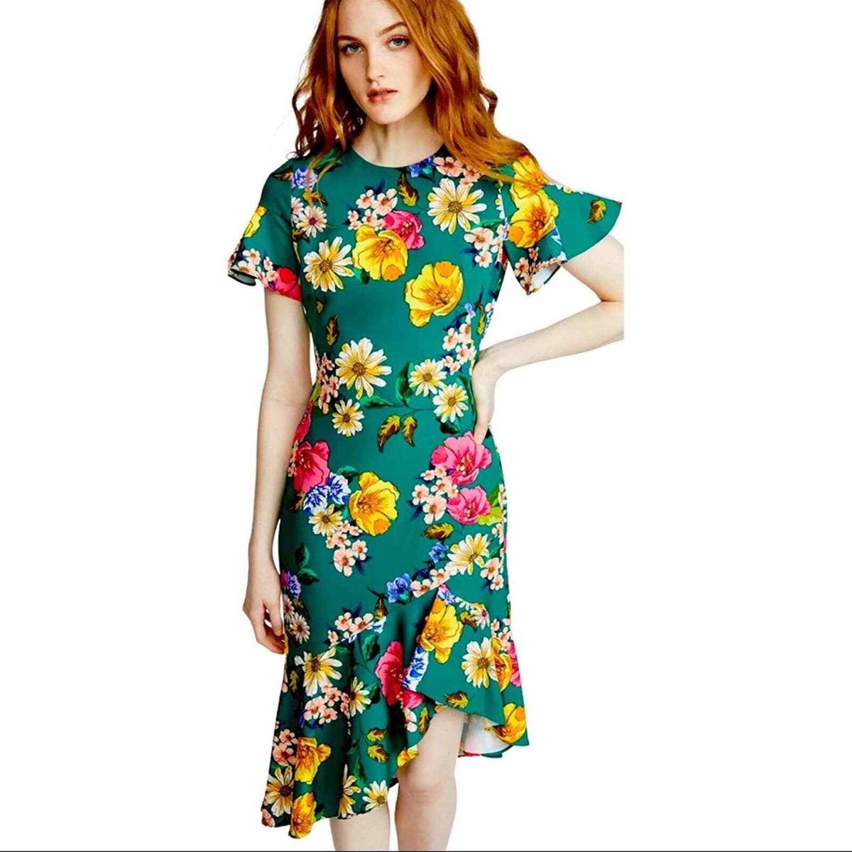 black halo midi dress in green Black Halo NEW Green Floral Midi Dress Asymmetrical Hem Size 2