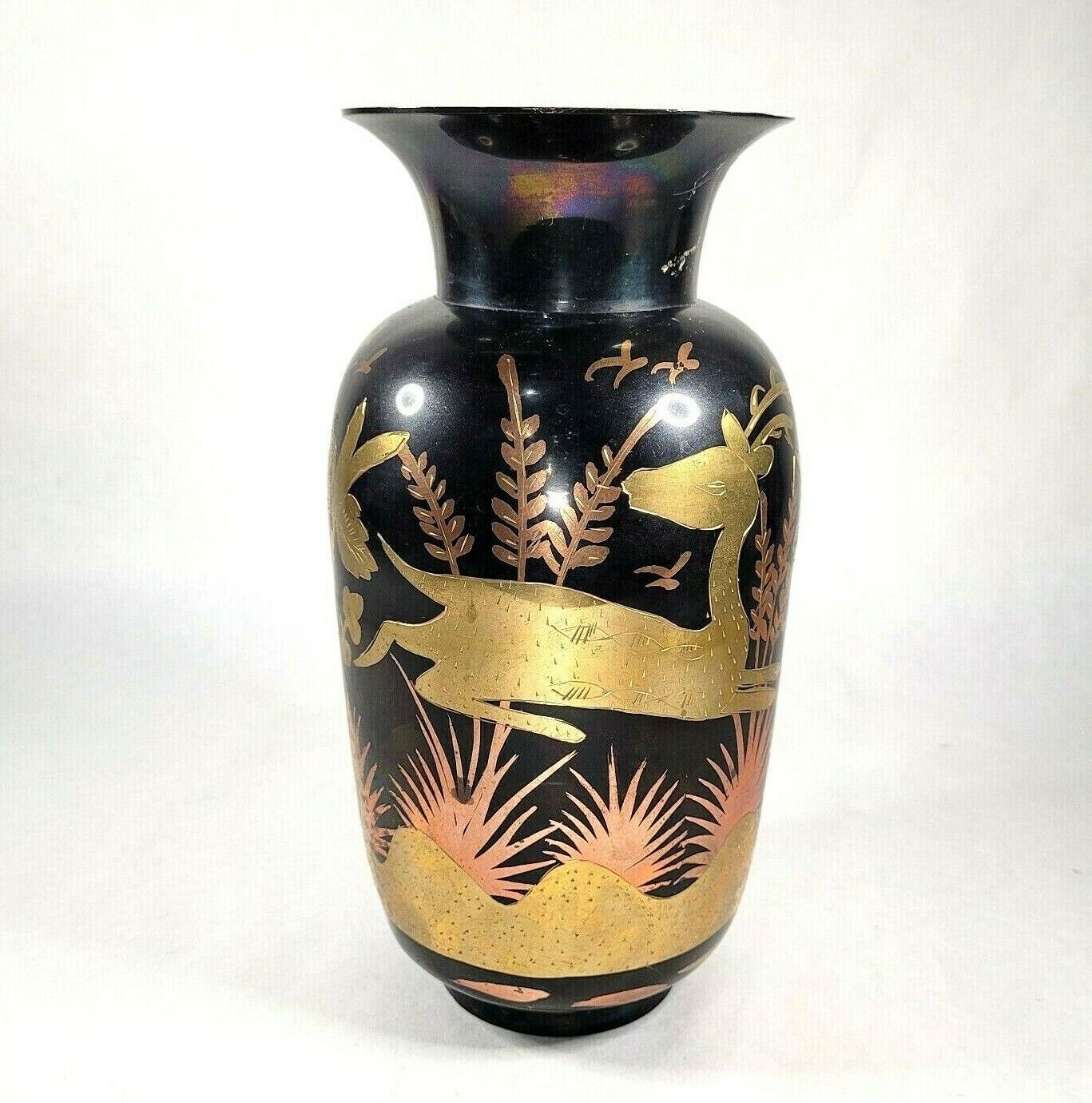 Vintage Jaimson Mixed Metal Vase Brass Bronze DEER Vase 9 inch Tall Mid Century