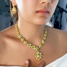 Gold Plated Olive Green Cubic Zirconia Drop Earrings Necklace Bridal Jewelry Set