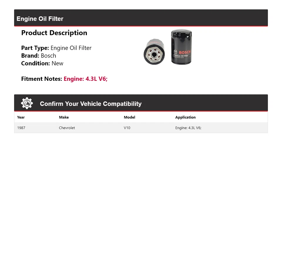 Filtro de aceite premium Bosch V10 1987 4,3 L V6 Foto 2 de 3
