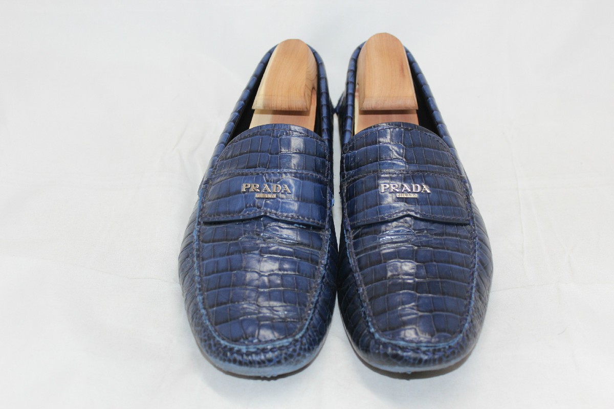 PRADA Croc Embossed Driving Logo Loafer - Royal Blue - 7US / 6UK