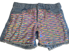 Justice Denim Jean Shorts girl Size 10-12 Buttoned multicolor sequined sparkling
