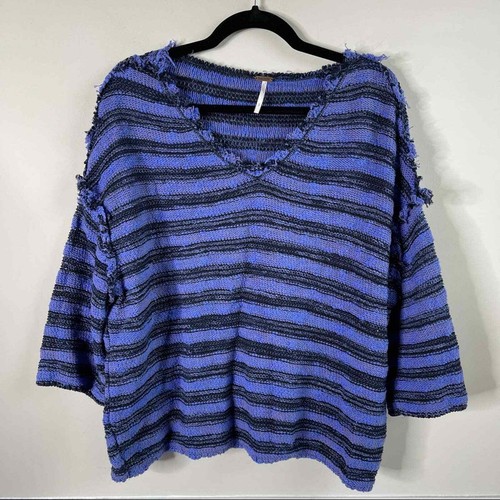 Free People blue stripes boxy fit spells trouble sweater size small - Picture 2 of 7
