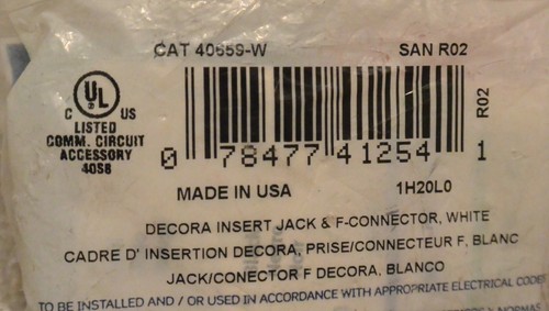 Leviton Decora Insert Jack & F-Connector, white 40659-W - Picture 3 of 3