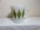 Vtg retro Fire King milk glass green diamond coffee mug  # 1