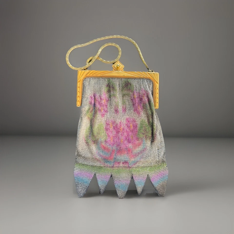 Винтажный 1920 Whiting & Davis зеленый фиолетовый синий цветочный сетки Flapper сумочки/золотой акцент - Изображение 2 из 4