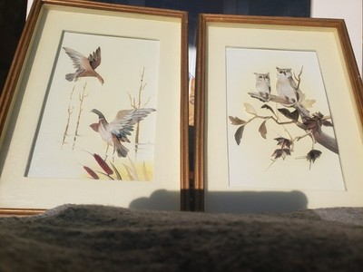 Two Vtg Asian Shadow Box 3D Duck Feather Art  10.5'' x 8'' Geese in Flight & Owls