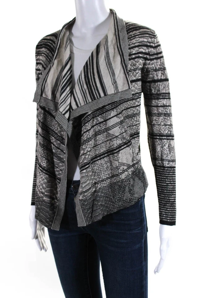 karen Millen Women's Open Front Waterfall Collar Striped Cardigan Gray Size 3 - Image 2 of 4