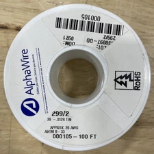 Alpha Wire 299/2 SV005 Hook-Up Wire, Bus Bar, 28 AWG, Solid TC, Bare, 100 ft.