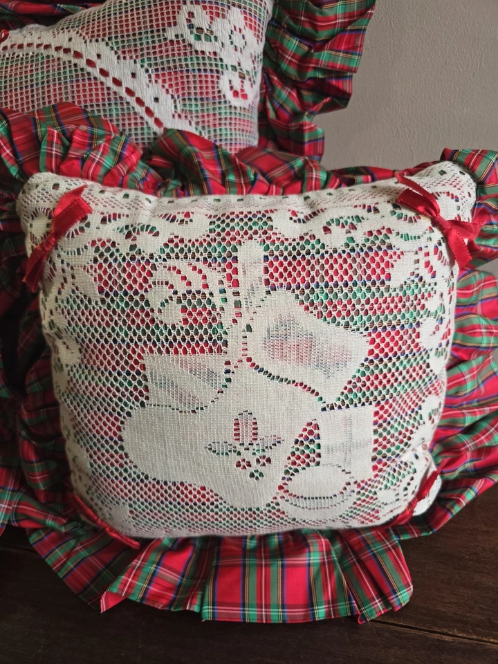 Set Of 3 Hand Crafted Red Multicolor Plaid Ruffled Lace Christmas Throw Pillows - Image 2 of 4