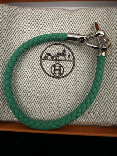 HERMES GLENON BRACELET LEATHER ROPE GOLD ITALY ALL AUTHENTIC Size 3, Vert Jade - Picture 2 of 4