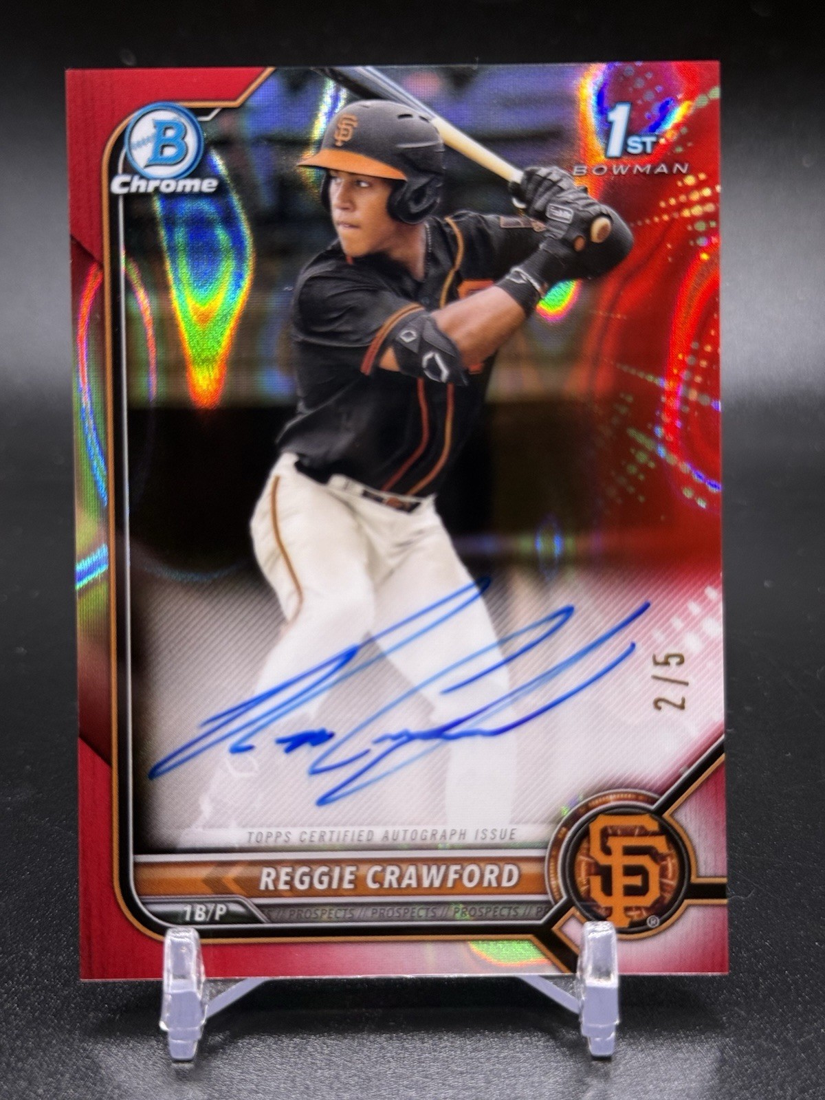 2022 Bowman Draft Reggie Crawford Chrome Auto Red Lava Refractor 1st #/5 Giants