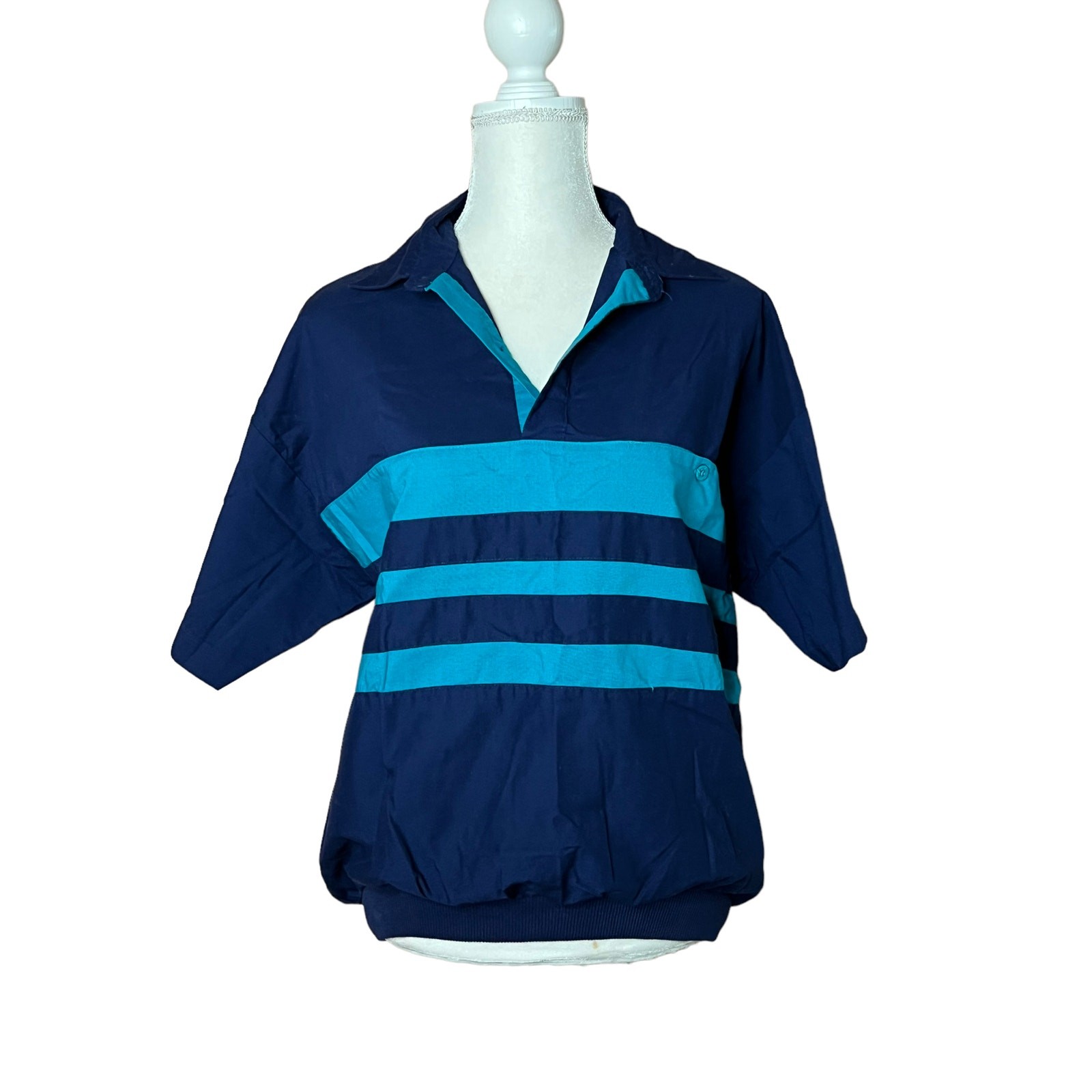 Vintage members only men polo shirt navy blue striped Sz medium banded bottom 