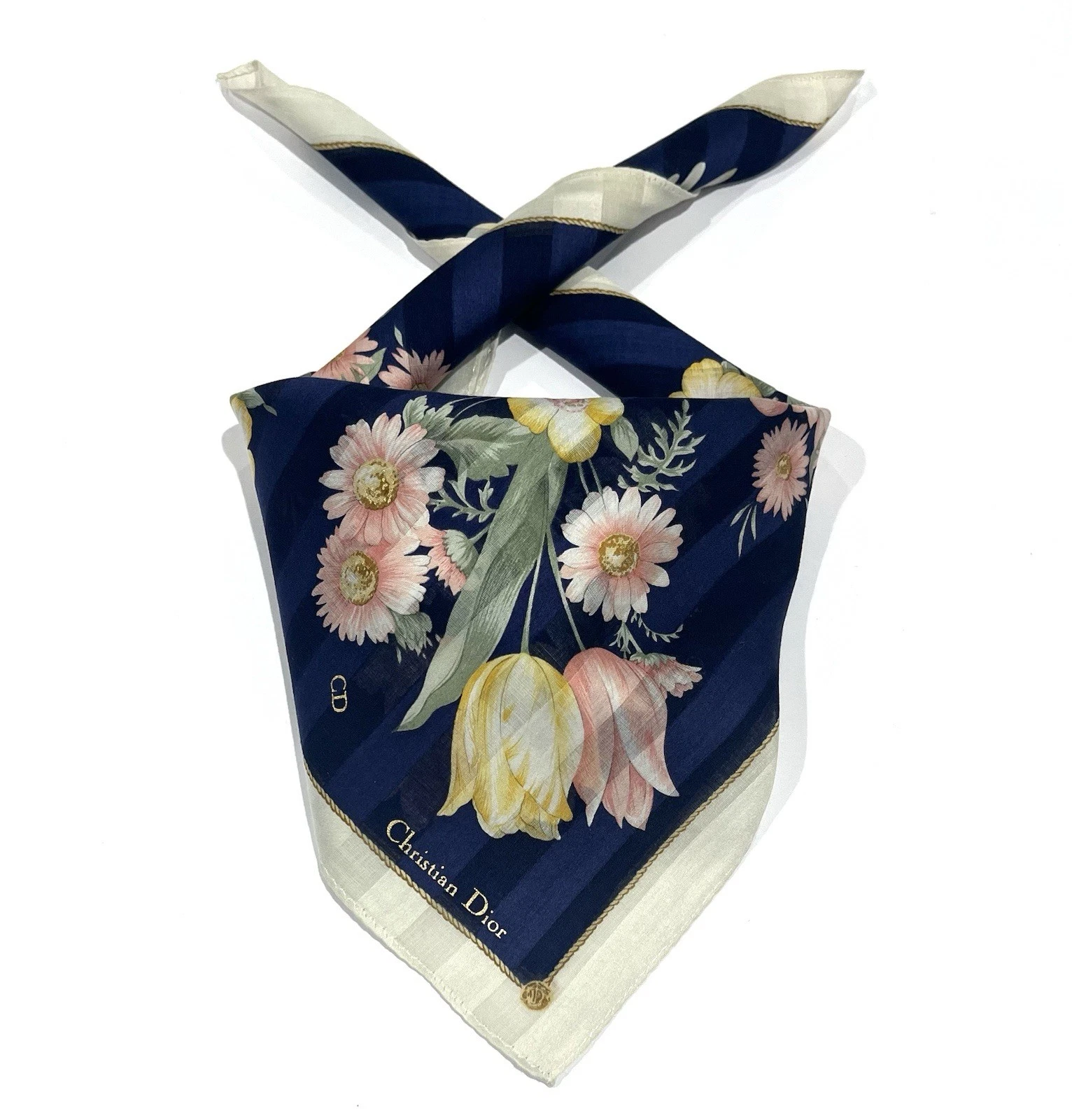 Mouchoirs Christian Dior vintage femme art floral bleu coton poche carré 19