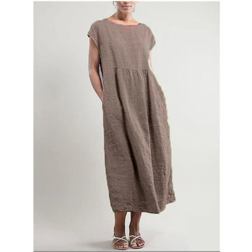 Camicia abito bohémien donna casual estate cotone lino tasca abito MIDI sciolto - Foto 9 di 20
