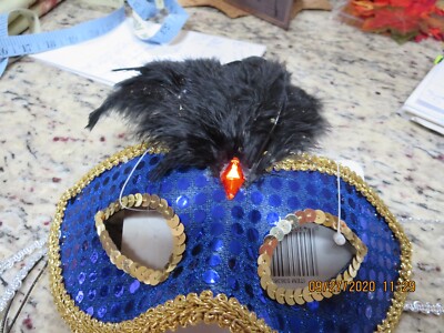 HALLOWEEN MASK TRIMMED IN GOLD SEQUINS & FEATHERS--#R2-4