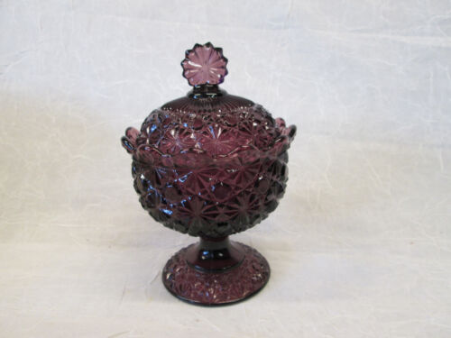 LE SMITH Daisy and Button AMETHYST PURPLE Compote Covered Footed Candy Dish Lid - Picture 1 of 6