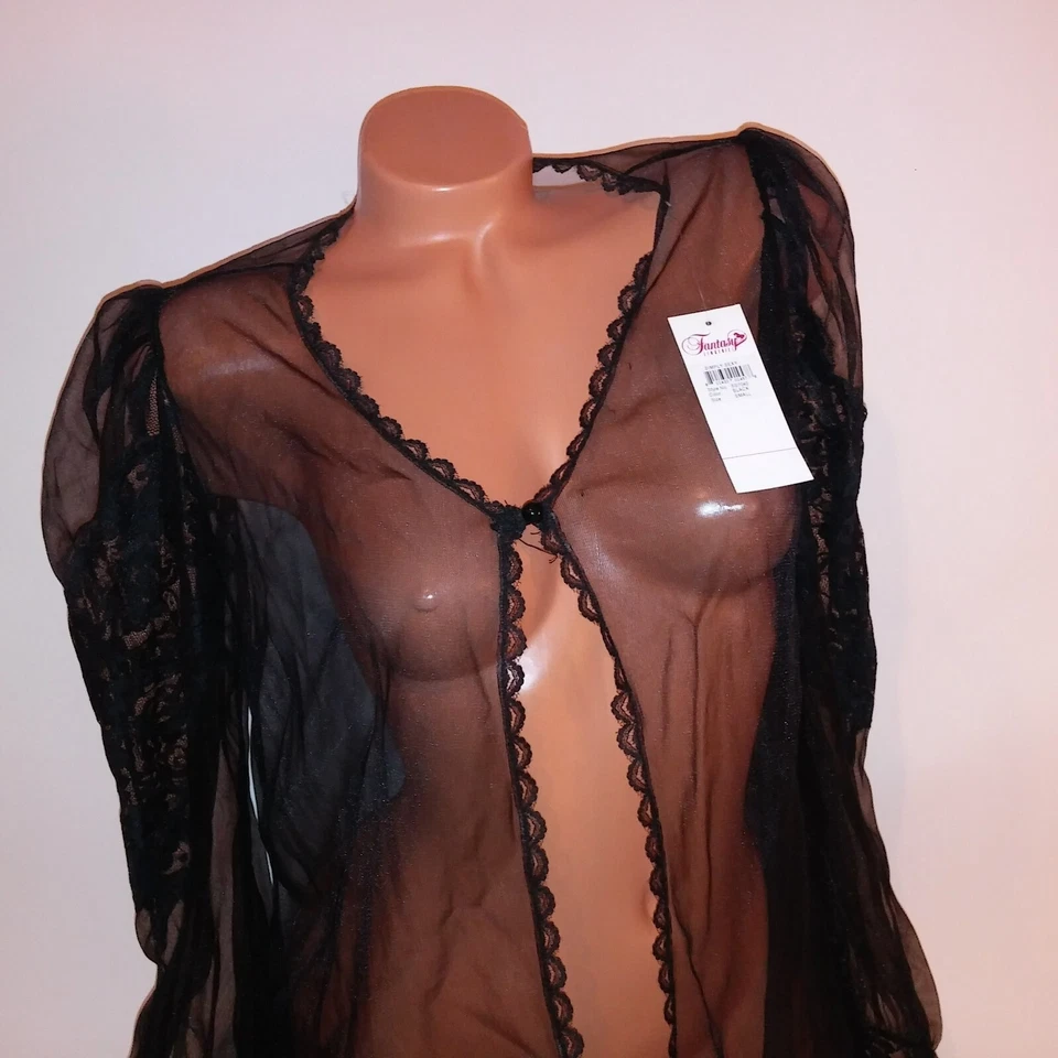 Bata lencería fantasía pequeña negra lisa transparente abrigo de dormitorio nueva Foto 4 de 4
