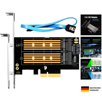 PA12 Dual M.2 SSD PCIe X4 Adapter für eine M.2 NVMe SSD und eine M.2 SATA SSD...