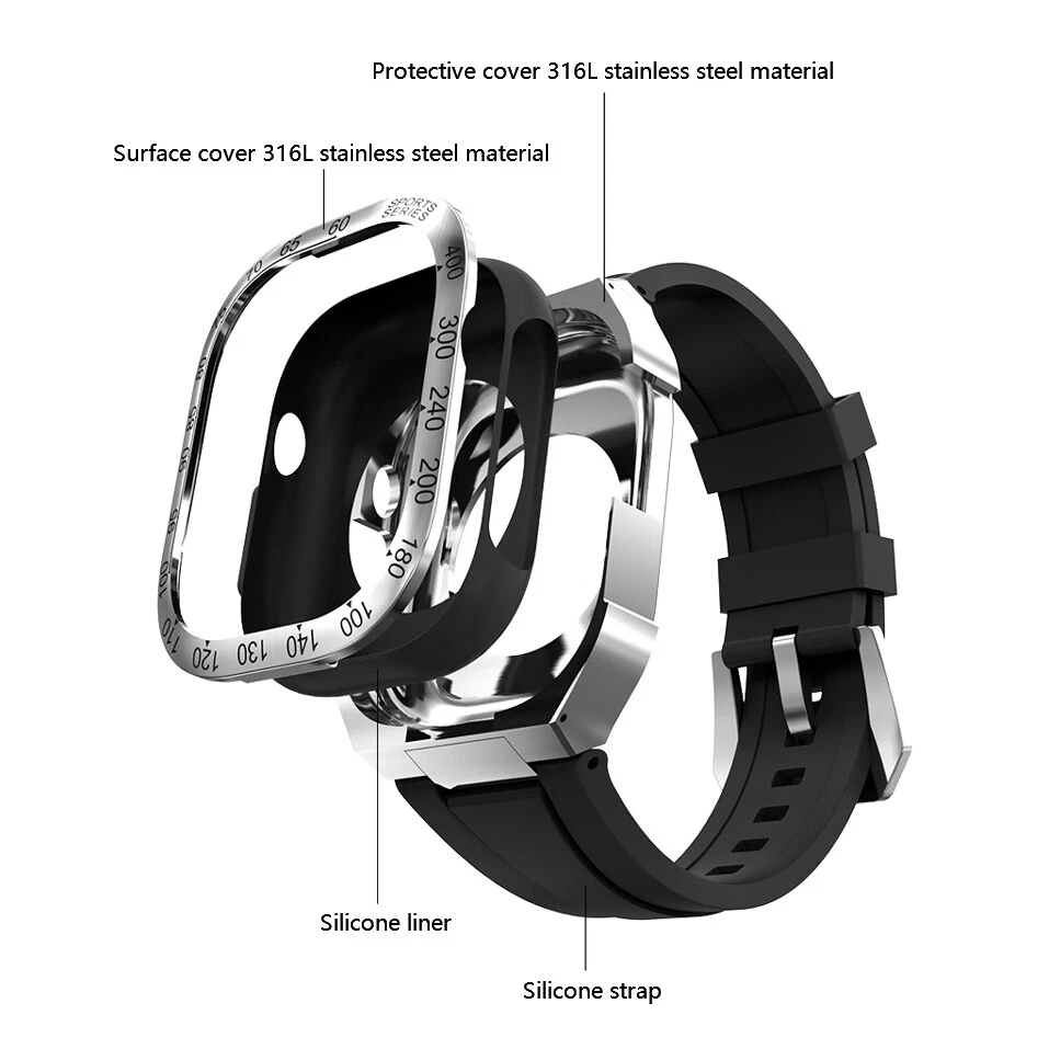 Para Apple Watch Ultra 2 Banda 49MM Mod Kit Acero Inoxidable Metal Bisel Estuche Correa Foto 4 de 4